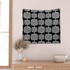Mid Century Modern Atomic Rings Pattern Black and White Wall Tapestry Gallery Image 2
