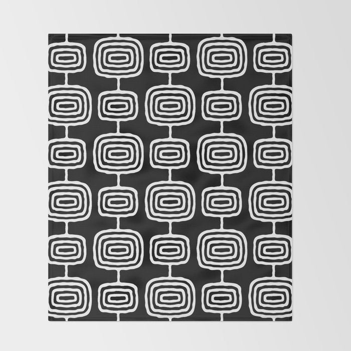 Mid Century Modern Atomic Rings Pattern Black and White Throw Blanket Gallery Image 2