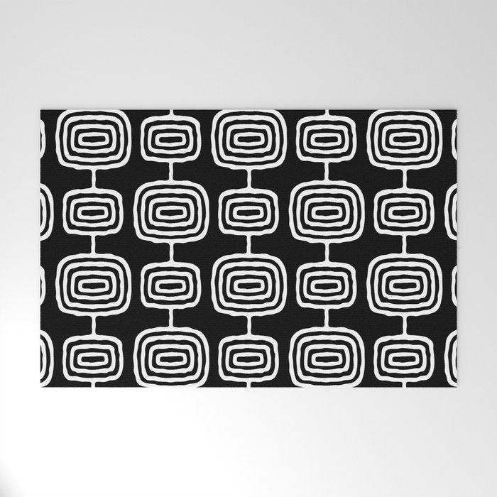 Mid Century Modern Atomic Rings Pattern Black and White Welcome Mat Gallery Image 1