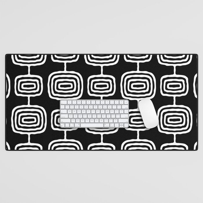 Mid Century Modern Atomic Rings Pattern Black and White Desk Mat Gallery Image 1