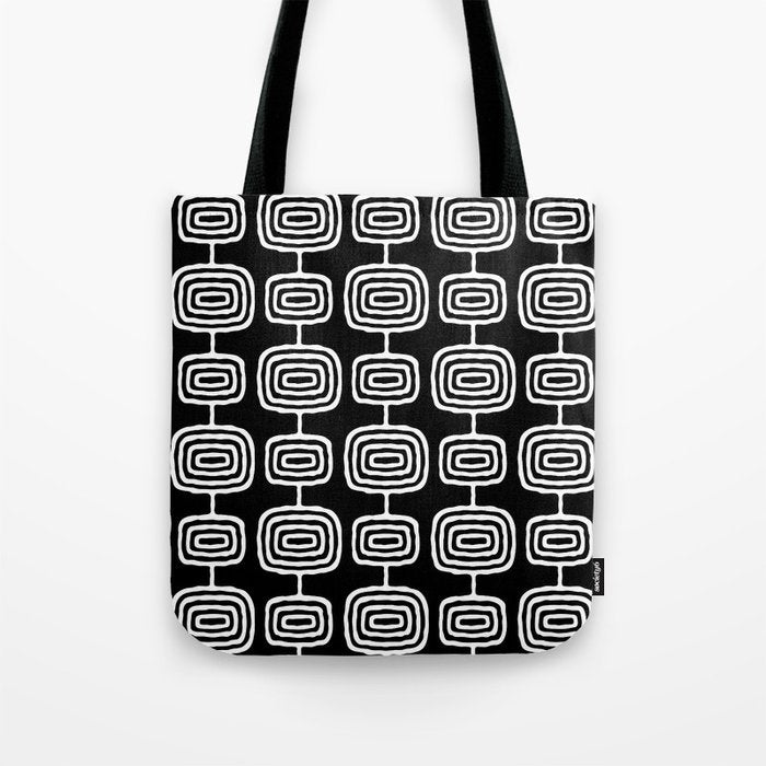 Mid Century Modern Atomic Rings Pattern Black and White Tote Bag Gallery Image 1