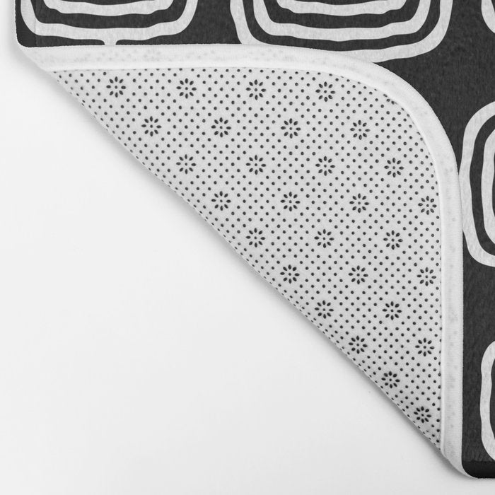 Mid Century Modern Atomic Rings Pattern Black and White Bath Mat Gallery Image 2