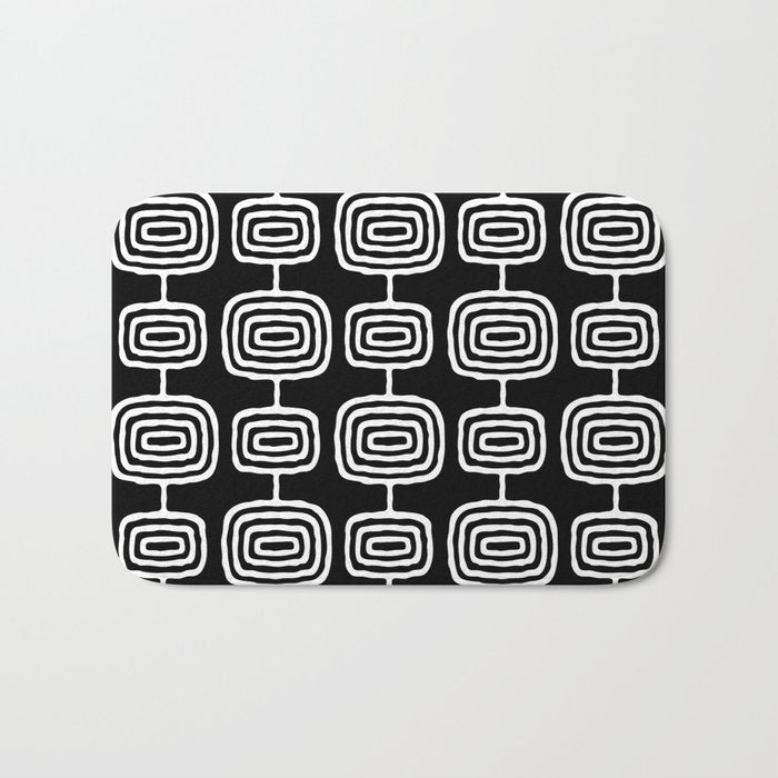 Mid Century Modern Atomic Rings Pattern Black and White Bath Mat Gallery Image 1