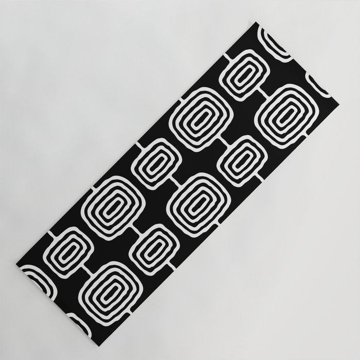 Mid Century Modern Atomic Rings Pattern Black and White Yoga Mat Gallery Image 1