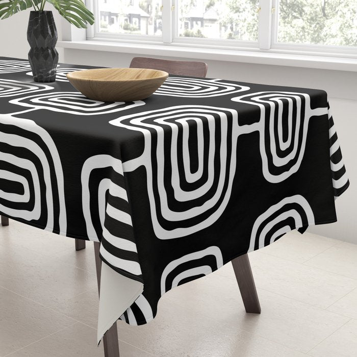 Mid Century Modern Atomic Rings Pattern Black and White Tablecloth Gallery Image 3