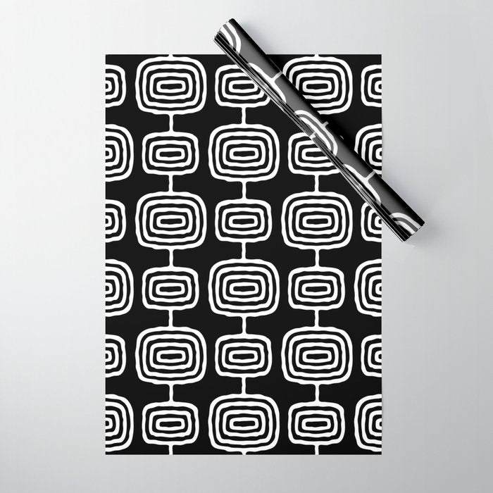Mid Century Modern Atomic Rings Pattern Black and White Wrapping Paper Gallery Image 1