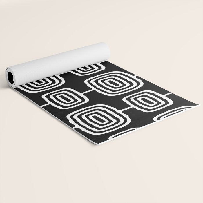 Mid Century Modern Atomic Rings Pattern Black and White Yoga Mat Gallery Image 2