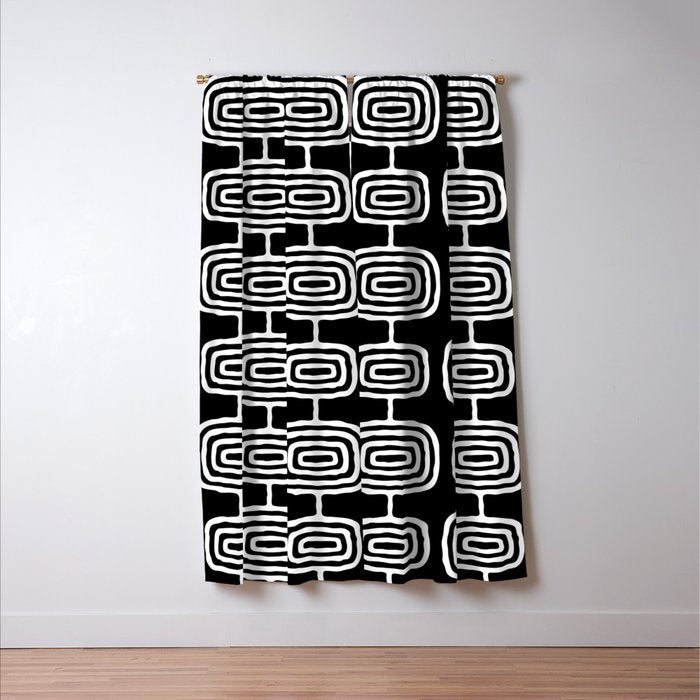 Mid Century Modern Atomic Rings Pattern Black and White Window Curtain Gallery Image 3