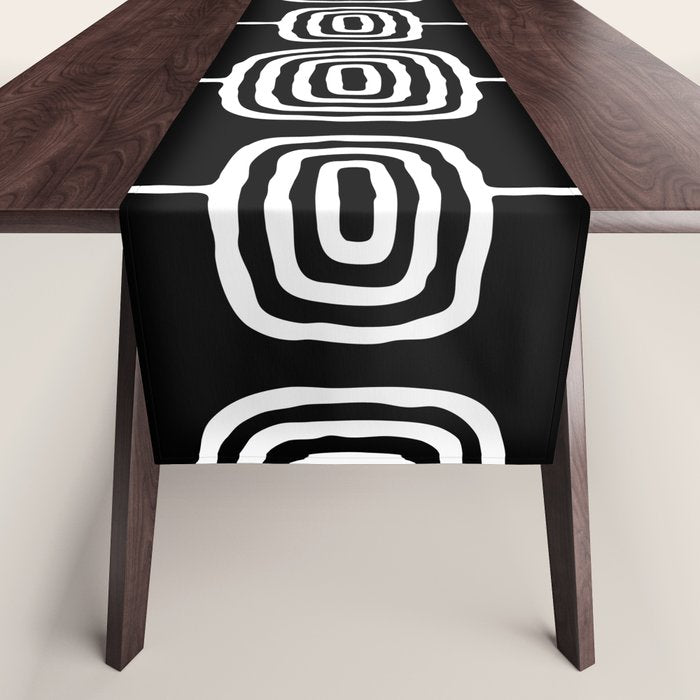 Mid Century Modern Atomic Rings Pattern Black and White Table Runner Gallery Image 1