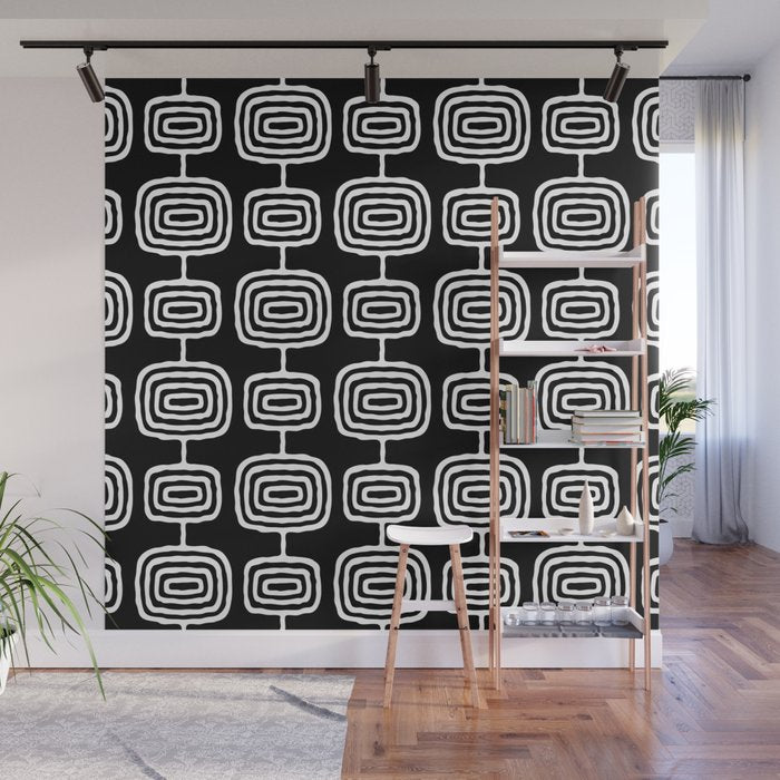 Mid Century Modern Atomic Rings Pattern Black and White Wall Mural Gallery Image 1