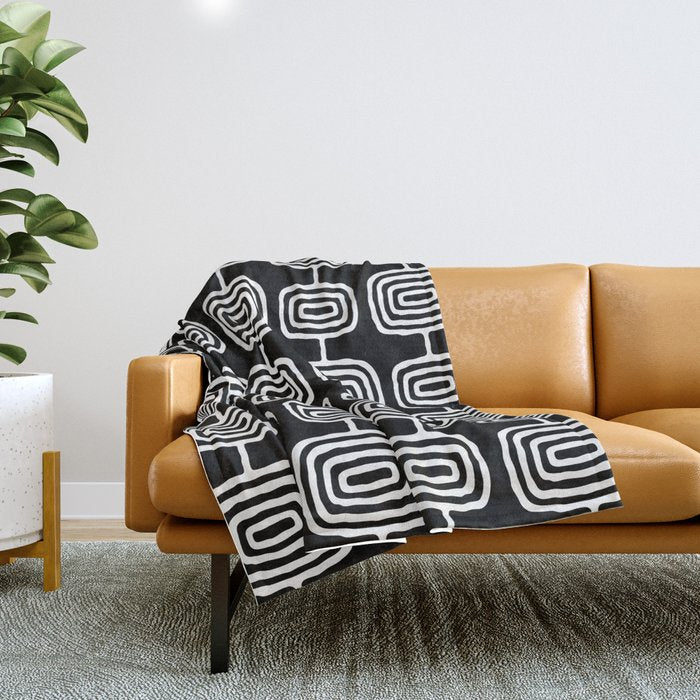 Mid Century Modern Atomic Rings Pattern Black and White Throw Blanket Gallery Image 1