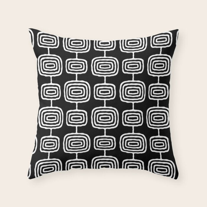 Mid Century Modern Atomic Rings Pattern Black and White Throw Pillow Gallery Image 1