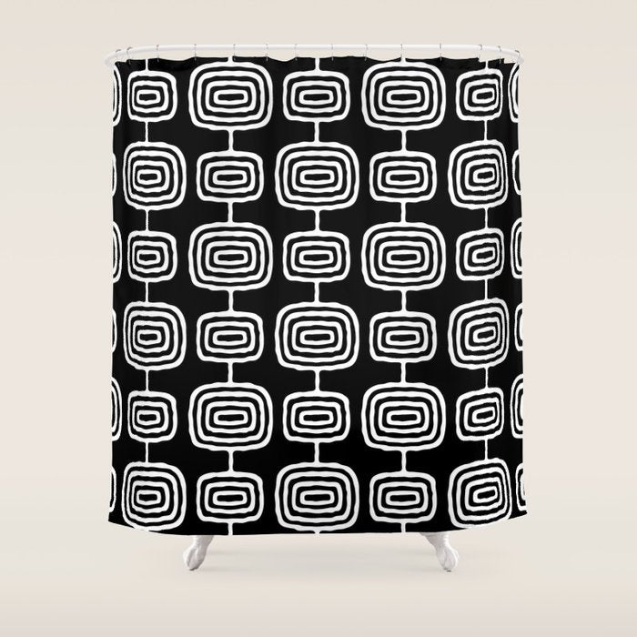 Mid Century Modern Atomic Rings Pattern Black and White Shower Curtain Gallery Image 1