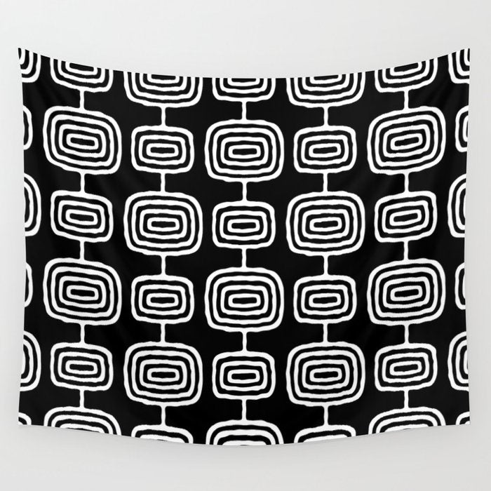 Mid Century Modern Atomic Rings Pattern Black and White Wall Tapestry Gallery Image 4