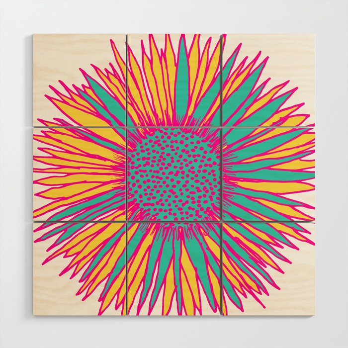 Neon Sunflower Line Art Wood Wall Art Gallery Image 1