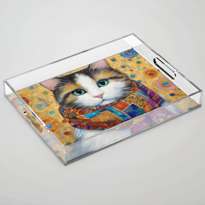 Gustav Klimt Style Calico Cat with Colorful Scarf Acrylic Tray Gallery Image 1