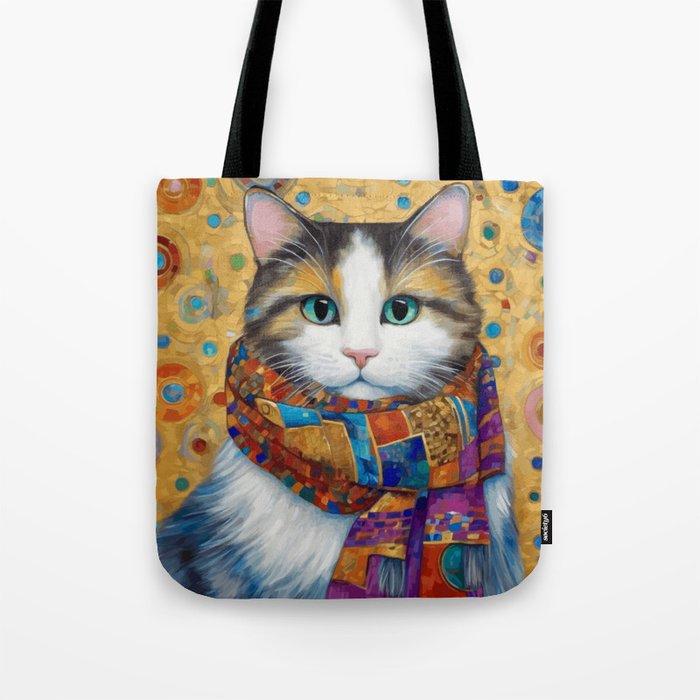 Gustav Klimt Style Calico Cat with Colorful Scarf Tote Bag Gallery Image 1