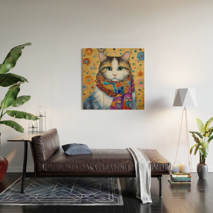 Gustav Klimt Style Calico Cat with Colorful Scarf Wood Wall Art Gallery Image 2