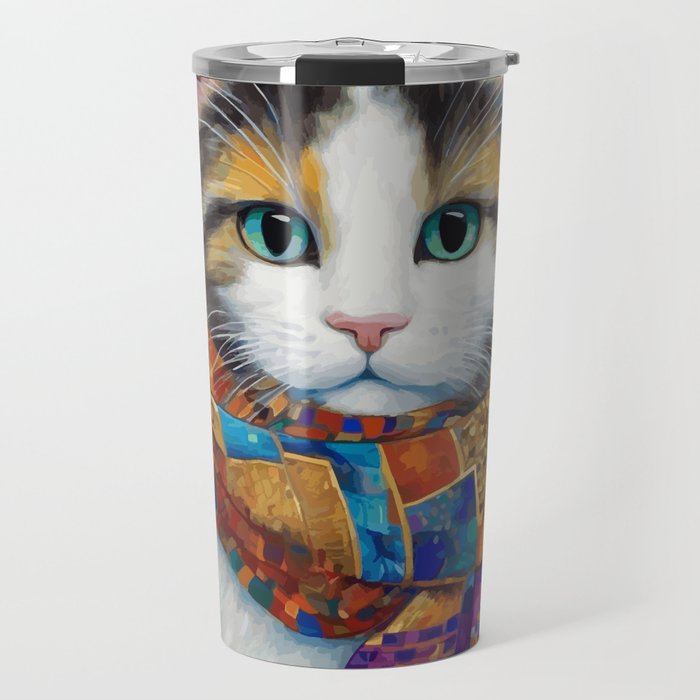 Gustav Klimt Style Calico Cat with Colorful Scarf Travel Mug Gallery Image 1