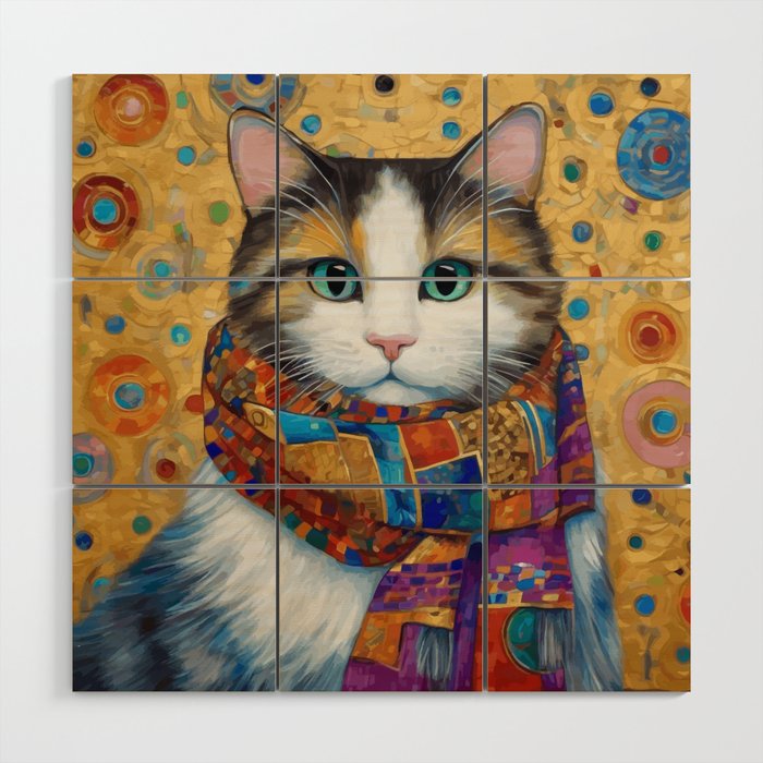Gustav Klimt Style Calico Cat with Colorful Scarf Wood Wall Art Gallery Image 1