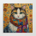Gustav Klimt Style Calico Cat with Colorful Scarf Wood Wall Art Gallery Image 1