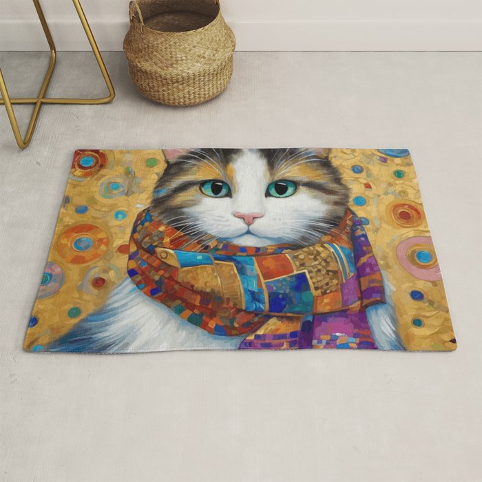 Gustav Klimt Style Calico Cat with Colorful Scarf Rug Gallery Image 1