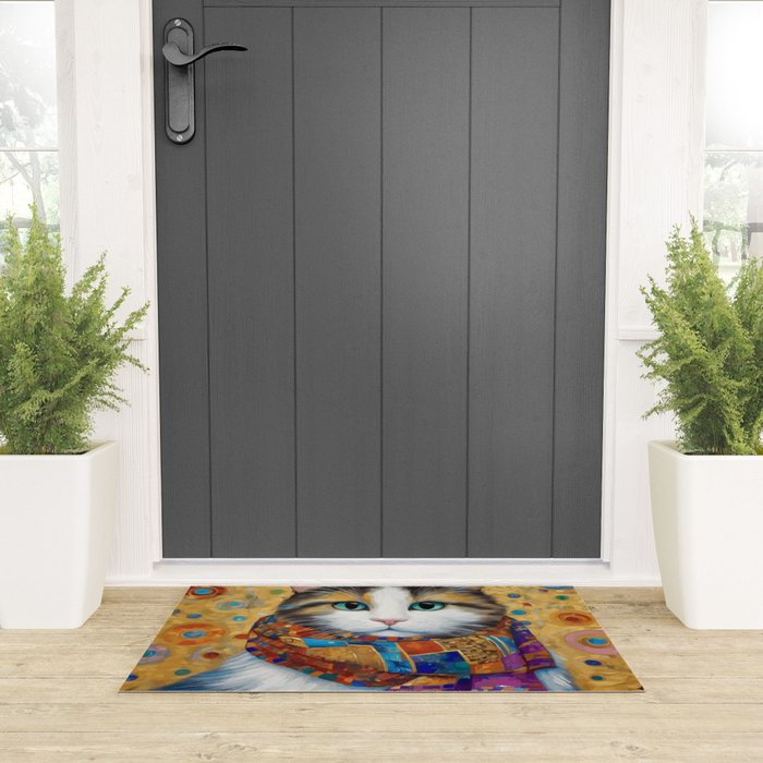 Gustav Klimt Style Calico Cat with Colorful Scarf Welcome Mat Gallery Image 3