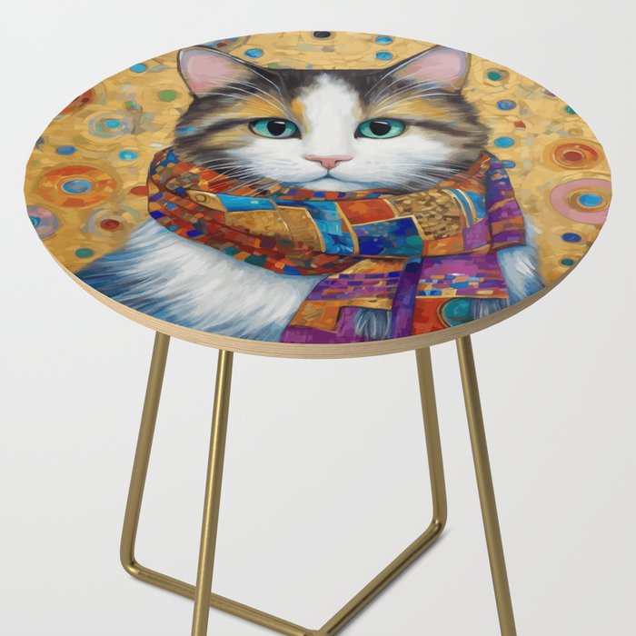 Gustav Klimt Style Calico Cat with Colorful Scarf Side Table Gallery Image 2