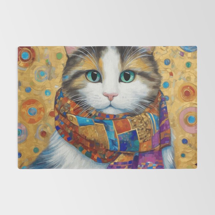 Gustav Klimt Style Calico Cat with Colorful Scarf Rug Gallery Image 2