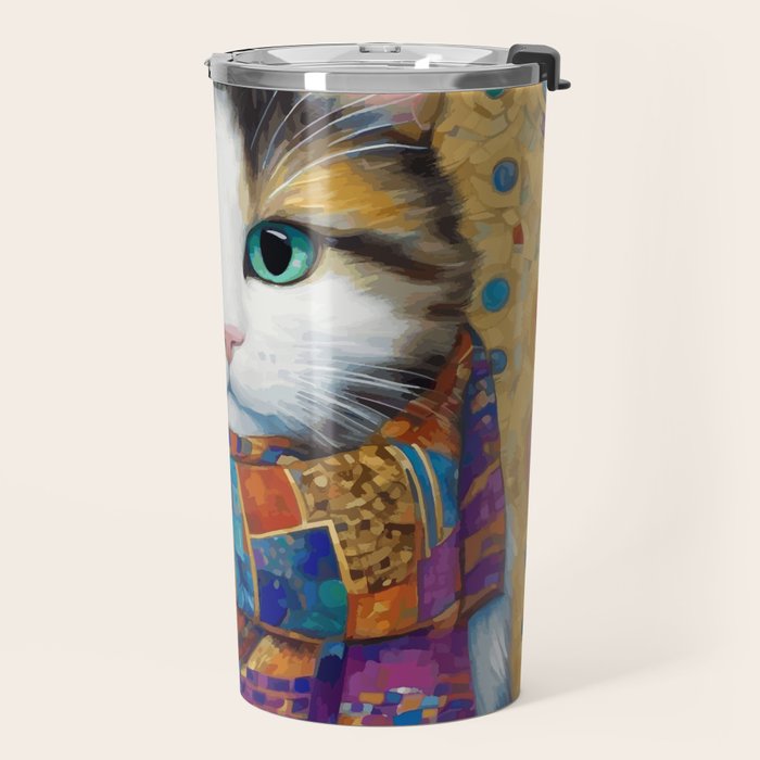 Gustav Klimt Style Calico Cat with Colorful Scarf Travel Mug Gallery Image 2