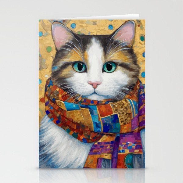 Gustav Klimt Style Calico Cat with Colorful Scarf Stationery Card Gallery Image 2