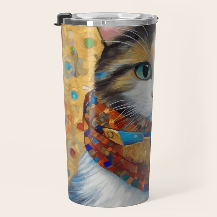 Gustav Klimt Style Calico Cat with Colorful Scarf Travel Mug Gallery Image 3