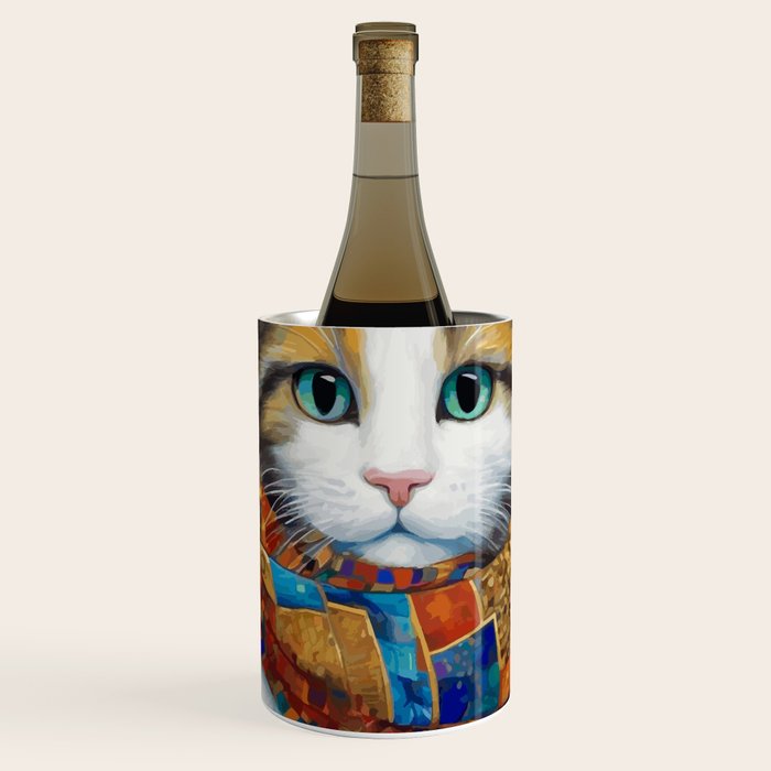 Gustav Klimt Style Calico Cat with Colorful Scarf Wine Chiller Gallery Image 1
