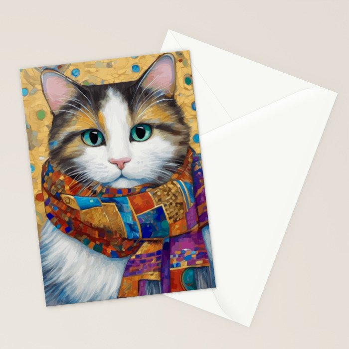 Gustav Klimt Style Calico Cat with Colorful Scarf Stationery Card Gallery Image 2