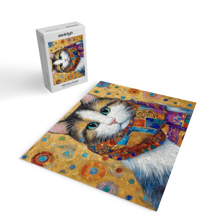 Gustav Klimt Style Calico Cat with Colorful Scarf Jigsaw Puzzle Gallery Image 2