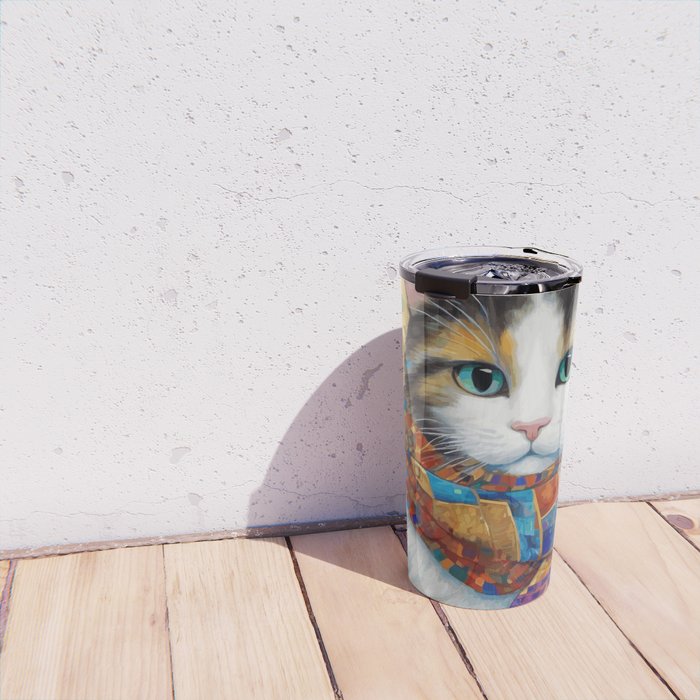 Gustav Klimt Style Calico Cat with Colorful Scarf Travel Mug Gallery Image 4
