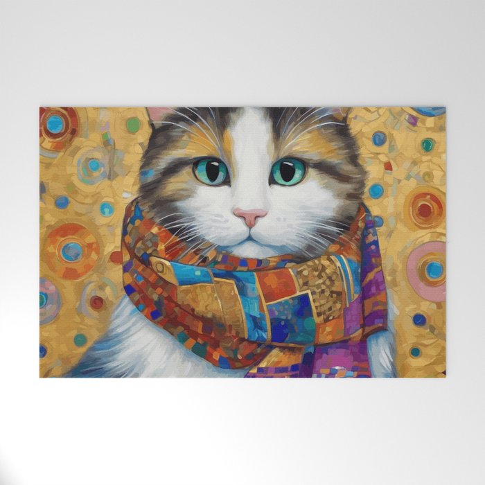 Gustav Klimt Style Calico Cat with Colorful Scarf Welcome Mat Gallery Image 1