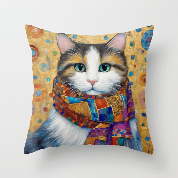 Gustav Klimt Style Calico Cat with Colorful Scarf Throw Pillow Gallery Image 1