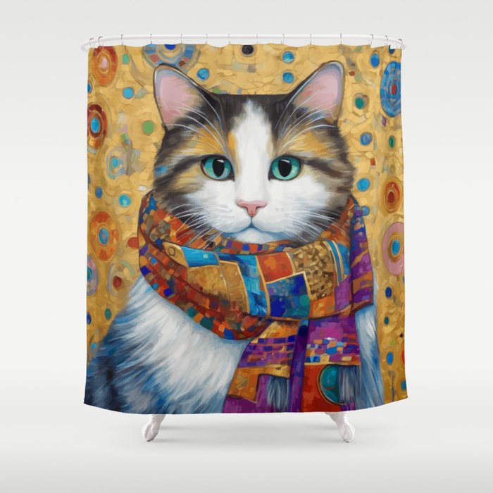 Gustav Klimt Style Calico Cat with Colorful Scarf Shower Curtain Gallery Image 1