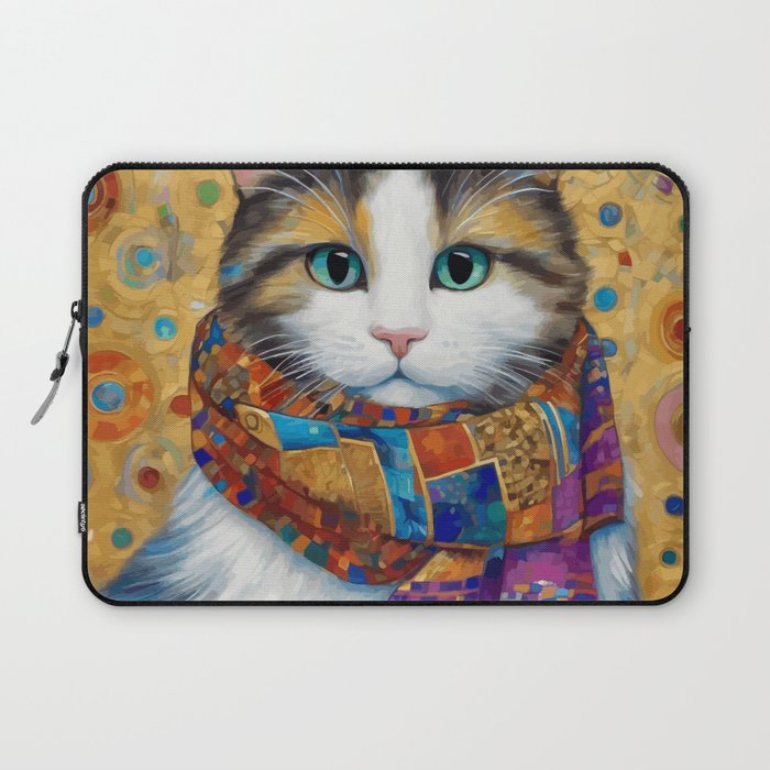 Gustav Klimt Style Calico Cat with Colorful Scarf Laptop Sleeve Gallery Image 1