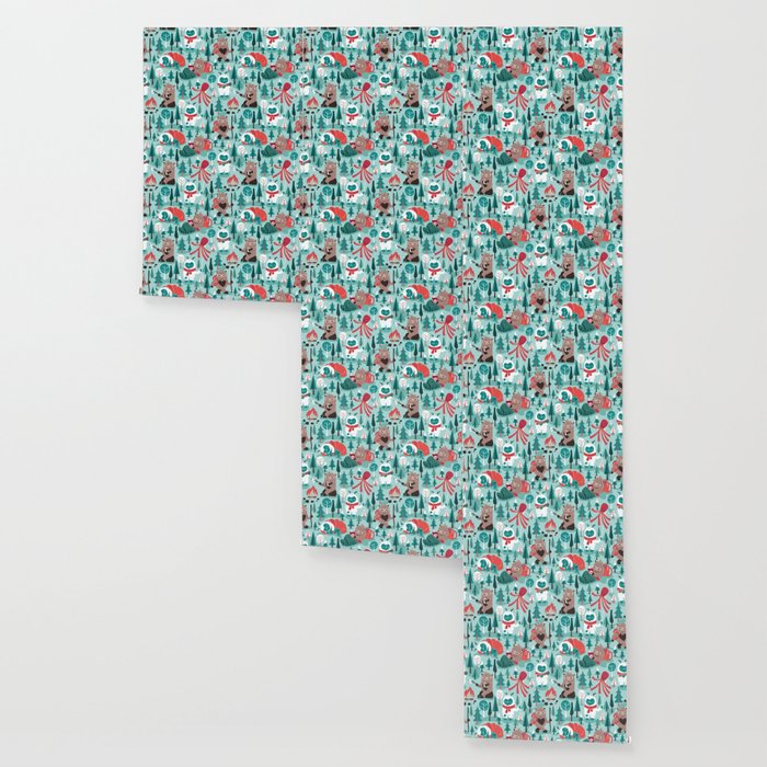 Besties // aqua background white Yeti brown Bigfoot teal and mint trees red and coral details Wallpaper Gallery Image 3
