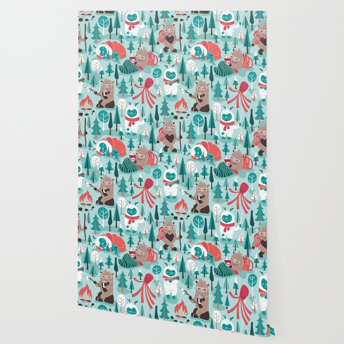 Besties // aqua background white Yeti brown Bigfoot teal and mint trees red and coral details Wallpaper Gallery Image 2
