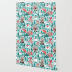 Besties // aqua background white Yeti brown Bigfoot teal and mint trees red and coral details Wallpaper Gallery Image 2