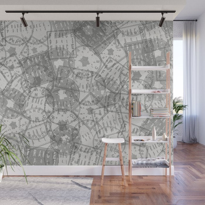 Vintage Paris France Travel Stamp Pattern Wall Mural Gallery Image 1
