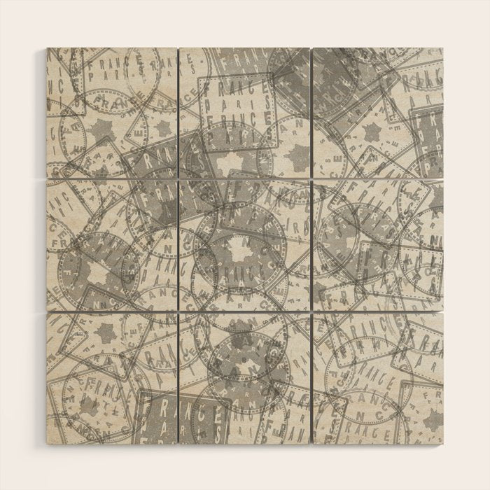 Vintage Paris France Travel Stamp Pattern Wood Wall Art Gallery Image 1