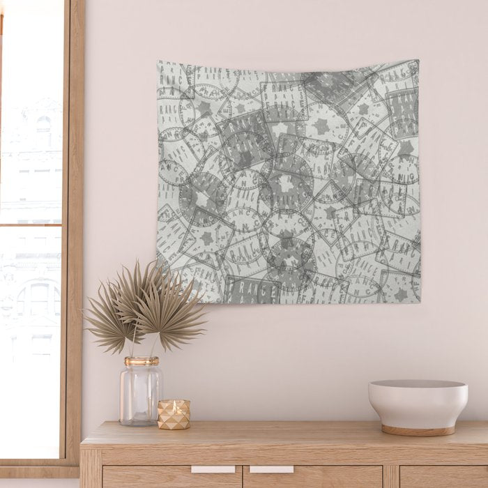 Vintage Paris France Travel Stamp Pattern Wall Tapestry Gallery Image 2