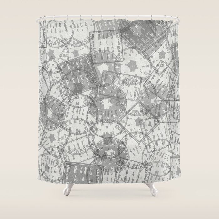 Vintage Paris France Travel Stamp Pattern Shower Curtain Gallery Image 1