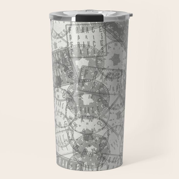 Vintage Paris France Travel Stamp Pattern Travel Mug Gallery Image 1