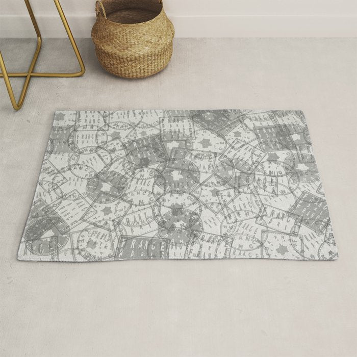 Vintage Paris France Travel Stamp Pattern Rug Gallery Image 1
