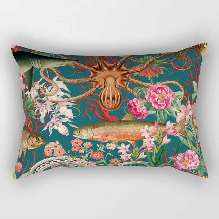Floral Ocean Eden on Teal Rectangular Pillow Gallery Image 1